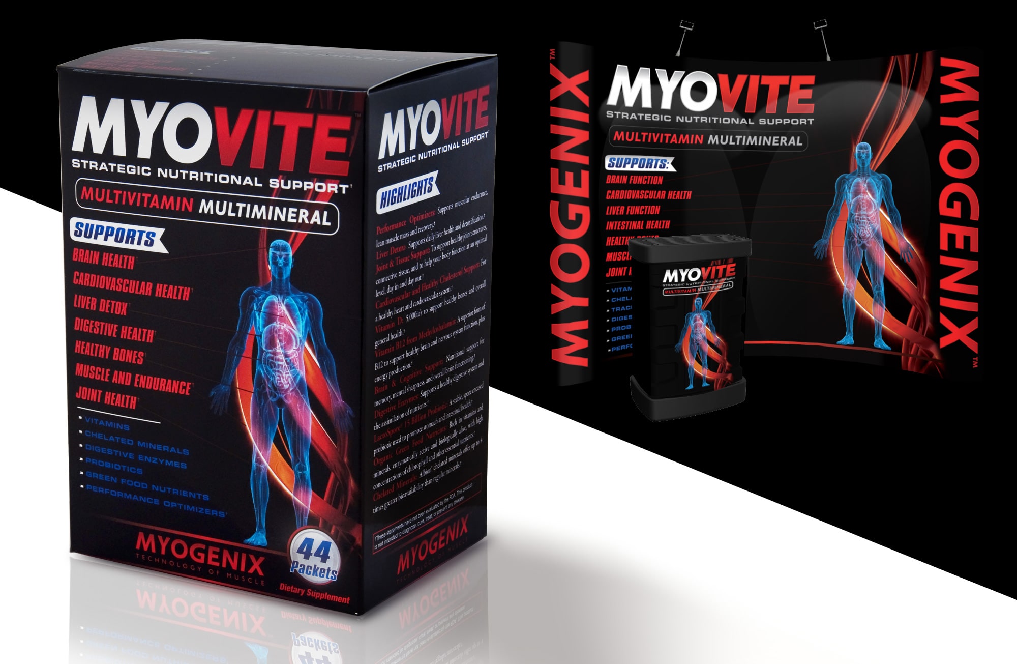  USA, Myovite Trade Show Artwork & Product Packaging for Foil Board, PMS Inks, + Coating 