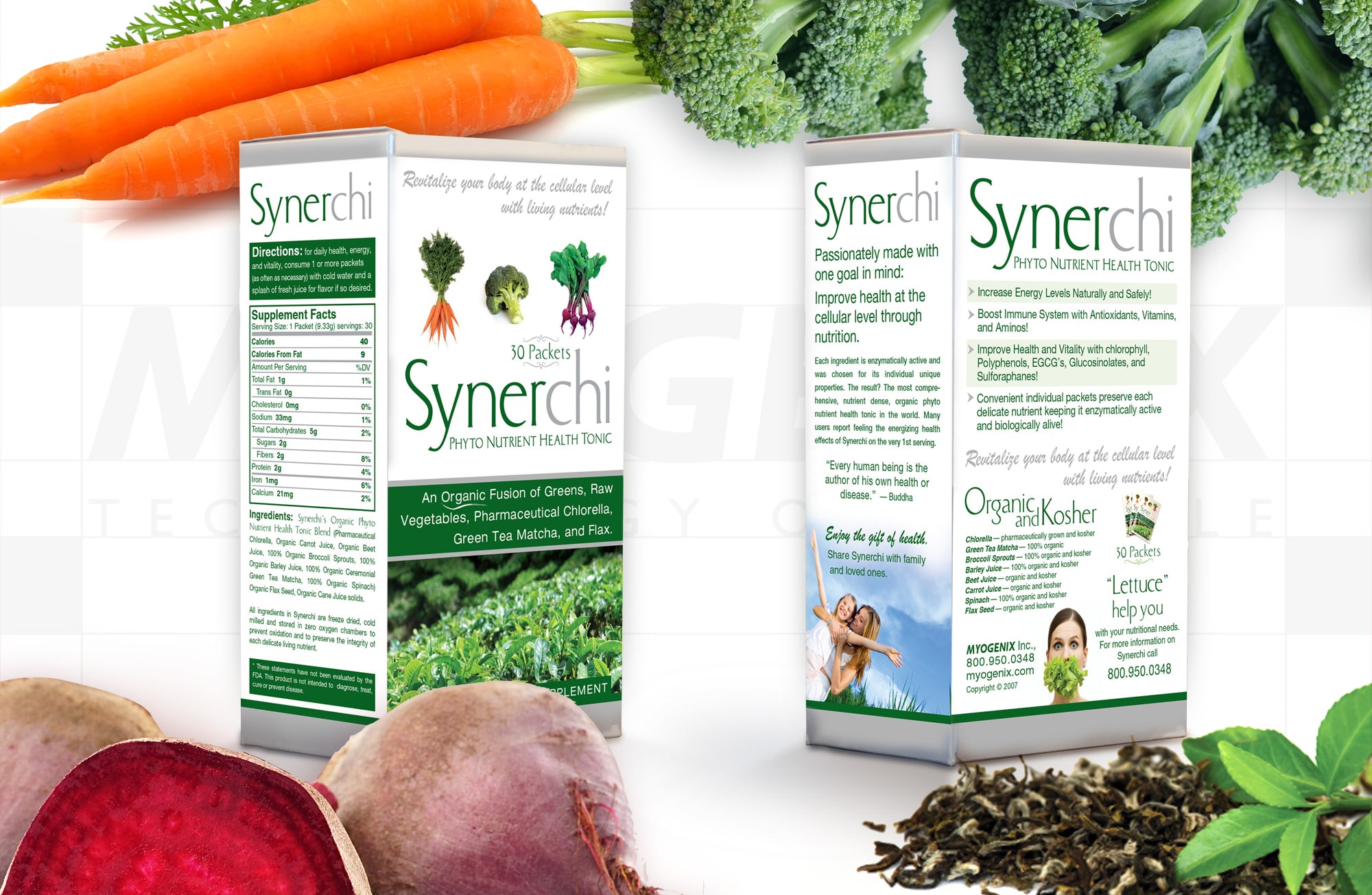  USA, Synerchi™ Product Packaging For a Bright White sheet, 4 Color Process, Green and Silver Metallic PMS inks & Cover Coating 